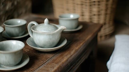 Traditional Tea Set on a Rustic Wooden Table Inviting Moments of Calm and Connection