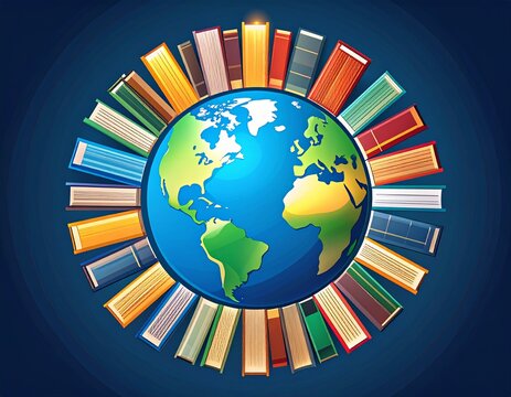 Conceptual illustration of planet Earth encircled by a ring of diverse books, symbolizing global education, literature, and the world of knowledge