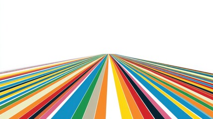 Colorful stripes in various shades radiate outward, creating a striking perspective effect. The bright hues contrast sharply with the white background, emphasizing bold design and creativity.