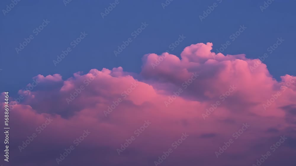 Poster a stunning view of soft pink clouds gently floating in a blue sky at dusk, creating a serene and tra