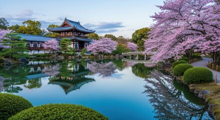 Fototapeta premium Serene Japanese Garden With Cherry Blossoms Reflecting in Pond