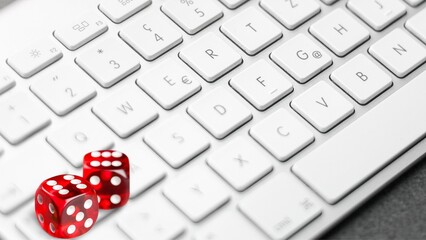 The intersection of chance and technology, a pair of red dice representing risk and opportunity on...