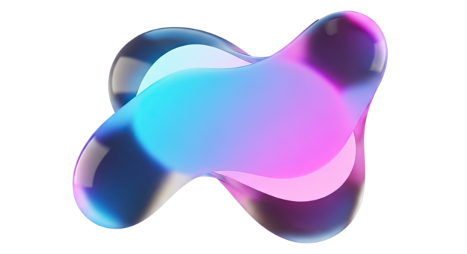 Translucent smooth amorphous blob with glowing neon liquid inside a dynamic and evolving abstract shape on a transparent background