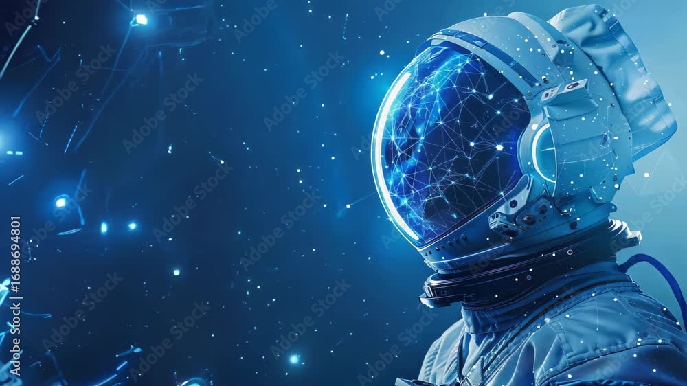 Poster a futuristic astronaut explores the cosmos, surrounded by a digital network of stars and light. this