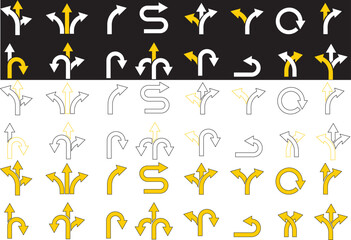 Road sign icon set with turn arrow symbol direction, navigation, guide, U-turn path, split way vector illustration for traffic transport map. U turn arrow lin Left Right U-turn ahead traffic sign 