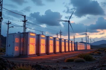Obraz premium renewable energy storage facility capturing excess power, futuristic glowing batteries aligned with turbines