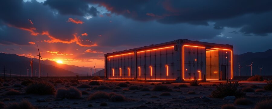 futuristic renewable storage hub glowing at night, massive battery banks stabilizing wind power