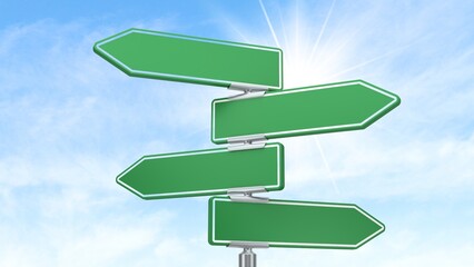Conceptual image of choice and decision-making featuring blank green directional arrow signs pointing towards an unknown future under a bright sunny sky