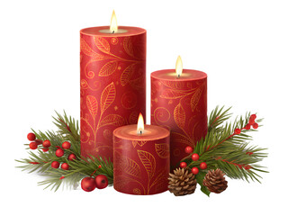 Three lit red christmas candles with pine branches and berries