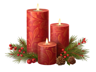 Three lit red christmas candles with pine branches and berries