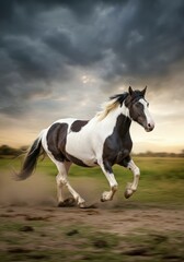 Obraz premium A black and white horse gallops across a grassy field under a dramatic sky. Dust rises from the ground as the horse runs energetically.