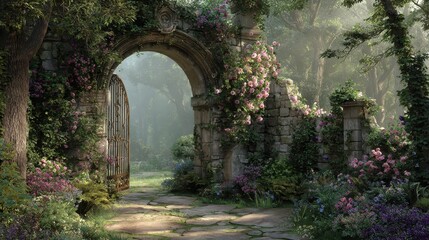 3D Render of a Whimsical Old Gate Surrounded by Ivy and Blossoms, Opening to a Fantasy Victorian Garden