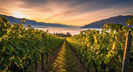 Naklejka premium Golden Sunset Over a Serene Vineyard Landscape