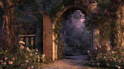 Naklejka premium Whimsical Entrance: 3D Render of a Magical Victorian Gate Adorned with Ivy and Flowers, Leading to a Fantasy Garden