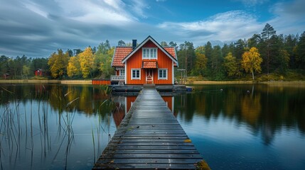 Obraz premium Colourful wooden house on the lake, Autumn landscape with house, Architectural background photography.