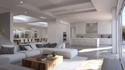 Spacious living area features large windows and natural light, with a cozy seating arrangement and a modern kitchen equipped with sleek appliances, promoting relaxation and social interaction.