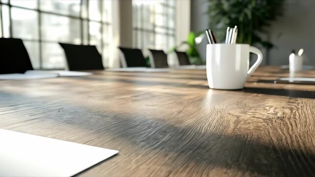 Daytime clip shows an empty conference room prepared for a meeting. Paper and a stapler are placed on the table. Sunlight streams in through large windows
