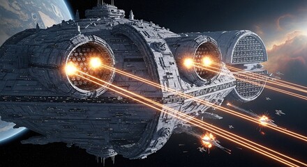 Naklejka premium Colossal Dreadnought Unleashes a Blazing Laser Barrage in an Epic Orbital War.