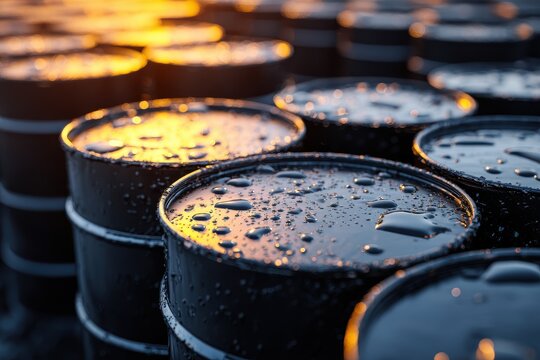 Dark Oil Containers: Industrial Chemical Drums for the Petrochemical Sector with Closeup View