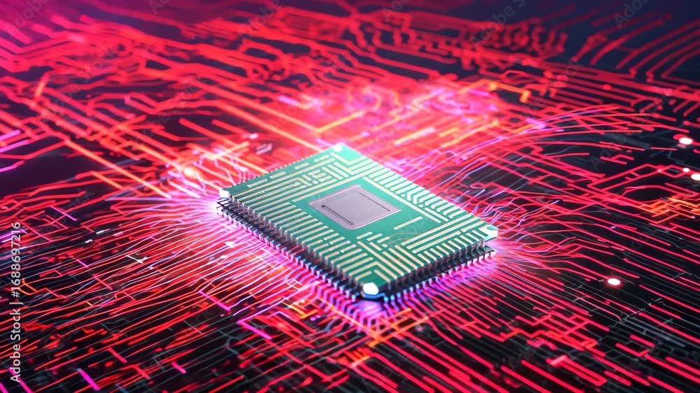 Poster a close-up view of a digital microchip surrounded by glowing circuit lines, representing the fusion 
