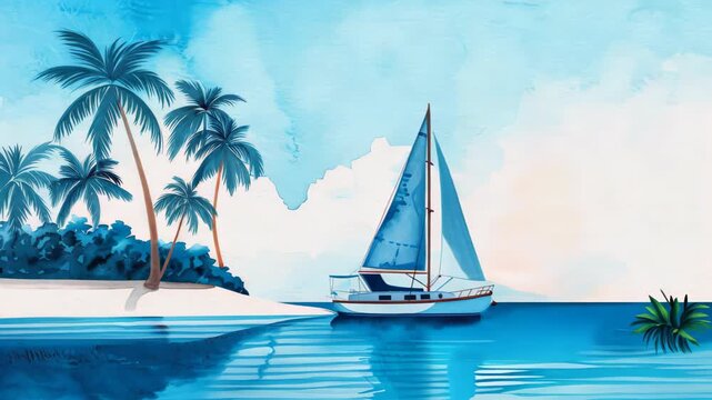 Lush palm trees frame a peaceful tropical seascape featuring a sailboat. The bright blue waters and soft clouds create a serene atmosphere, perfect for relaxation.
