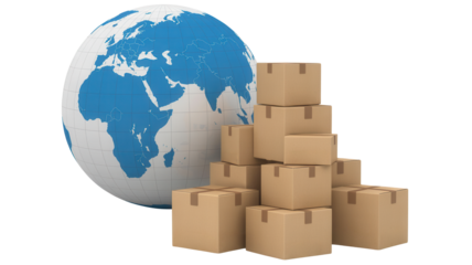 Expanding global logistics with stacked cardboard boxes symbolizing international shipping and worldwide distribution networks for e-commerce