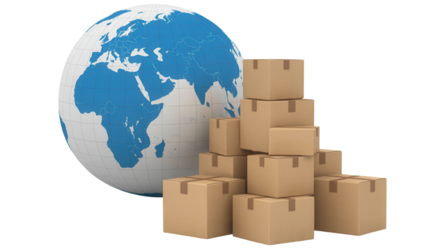 Expanding global logistics with stacked cardboard boxes symbolizing international shipping and worldwide distribution networks for e-commerce