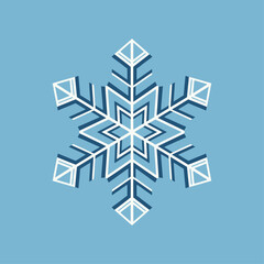 A stylized, symmetrical snowflake illustration with a blue and white color scheme, isolated.