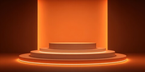 Obraz premium Vibrant Orange Stage: Illuminated Display Podium with Striking Light Effects for Product Showcasing