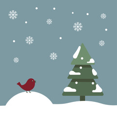 A simple winter scene with a red bird, snow-covered tree, and falling snowflakes.