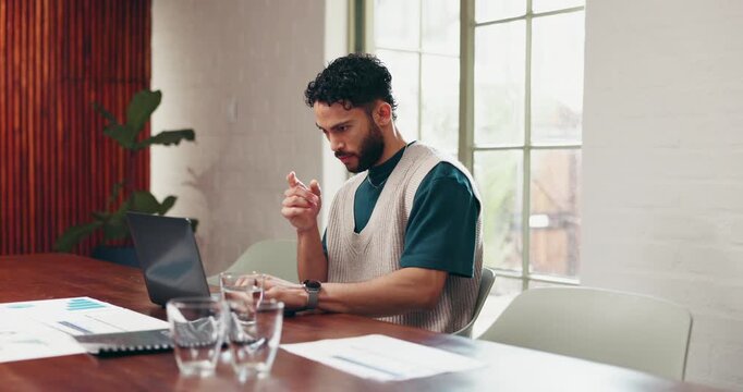 Creative, thinking and man with laptop, office or document with graph for trends or market research. Business strategist, reflection and planning for brand identity, typing and paperwork with stats