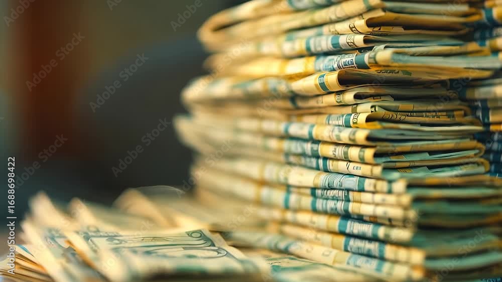 Poster a detailed view of stacks of cash arranged neatly in a soft-lit environment, highlighting the textur