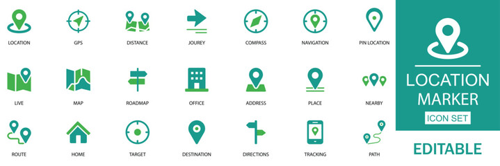 Location Icon Set. Features icons of compass, address, live, map and position. Perfect for travel and navigation apps or digital mapping projects.