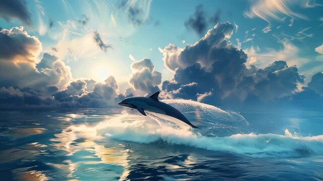 A captivating image of a dolphin leaping through calm waters, framed by stunning sunset clouds. This serene scene captures the beauty of marine life in a natural setting.