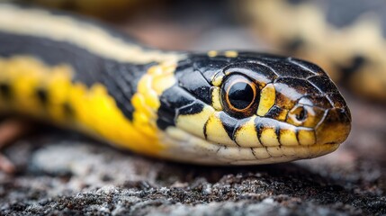 Adorable Stripey Serpent: A Close-Up View of a Yellow and Black Bandit from Nature's Wild Realm