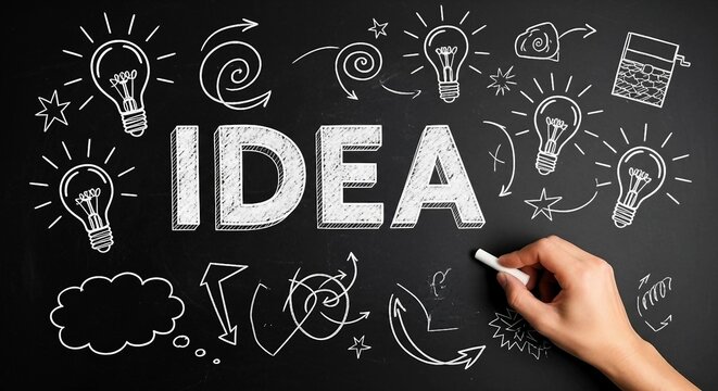 IDEA Text with Chalkboard Drawing of Light Bulbs and Equations | Creative Concept Illustration for Business, Education, Innovation, and Brainstorming Visuals