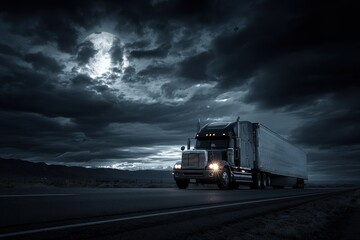 Illuminated Freight Rig on a Moonlit Night: Capturing the Essence of Trucking and Transportation