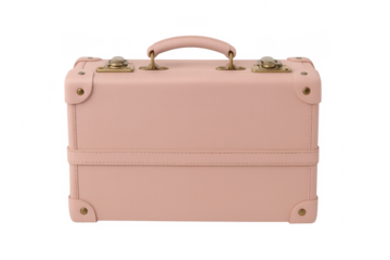 Pink suitcase closed with golden clasps on transparent background