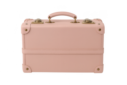 Pink suitcase closed with golden clasps on transparent background