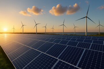 Solar and Wind Energy Sunset renewable energy solar panels wind turbines