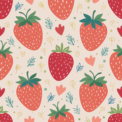 Seamless vector pattern with cute doodle strawberry. Cottagecore country background with berries and hearts. Vintage texture for wallpaper, wrapping paper, textile design