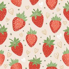 Seamless vector pattern with cute doodle strawberry. Cottagecore country background with berries and hearts. Vintage texture for wallpaper, wrapping paper, textile design