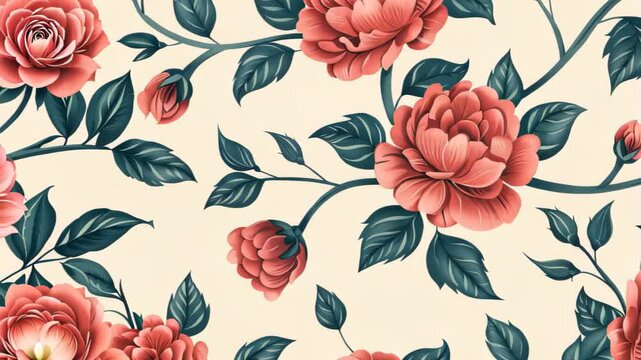 This vibrant floral pattern features red roses and green leaves on a soft cream background, perfect for various design and decorative applications.