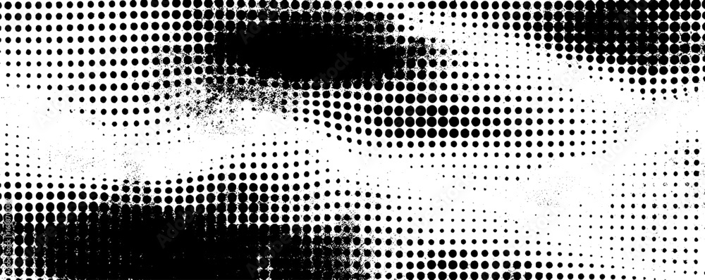 Poster Black and white abstract line art background with halftone dots and waves