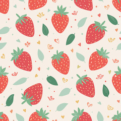 Seamless vector pattern with cute doodle strawberry. Cottagecore country background with berries and hearts. Vintage texture for wallpaper, wrapping paper, textile design