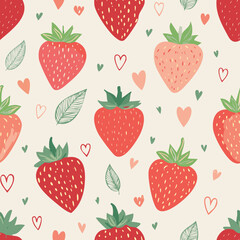 Seamless vector pattern with cute doodle strawberry. Cottagecore country background with berries and hearts. Vintage texture for wallpaper, wrapping paper, textile design
