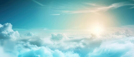 Fototapeta premium Morning sunlight through White shining blue sky with clouds horizontal atmosphere.