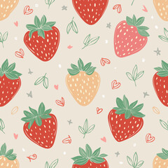 Seamless vector pattern with cute doodle strawberry. Cottagecore country background with berries and hearts. Vintage texture for wallpaper, wrapping paper, textile design