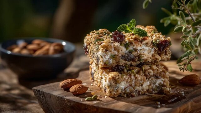 Golden granola bars with oats, almonds, hazelnuts, and seeds glisten with honey glaze on a rustic wooden board in bright morning light.