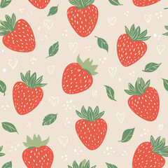 Seamless vector pattern with cute doodle strawberry. Cottagecore country background with berries and hearts. Vintage texture for wallpaper, wrapping paper, textile design